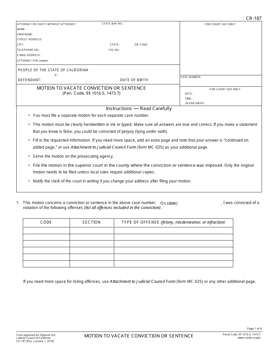 Form CR-187 - Fill Out, Sign Online and Download Fillable PDF ...