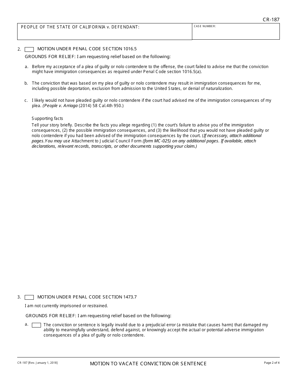 Form CR-187 Motion to Vacate Conviction or Sentence - California, Page 2