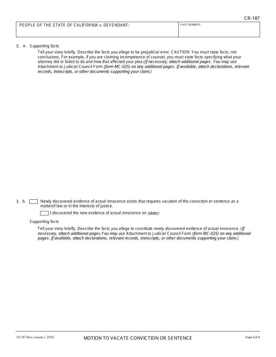 Form CR-187 Motion to Vacate Conviction or Sentence - California, Page 3