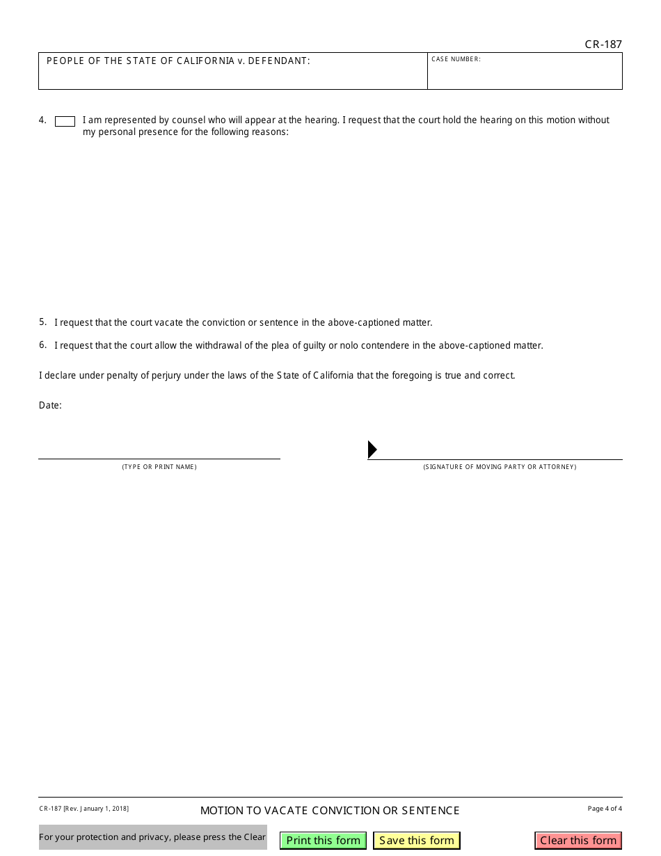 Form CR-187 Motion to Vacate Conviction or Sentence - California, Page 4