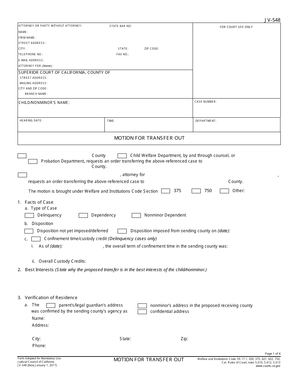 Form JV-548 Motion for Transfer out - California, Page 1