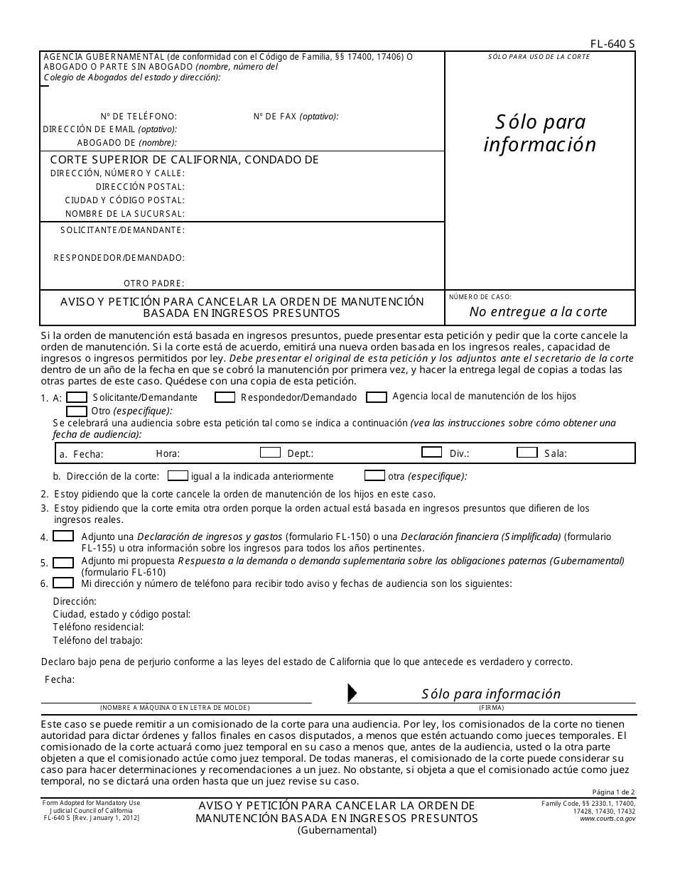 Formulario FL-640 S Aviso Y Peticion Para Cancelar La Orden De Manutencion Basada En Ingresos Presuntos - California (Spanish), Page 1