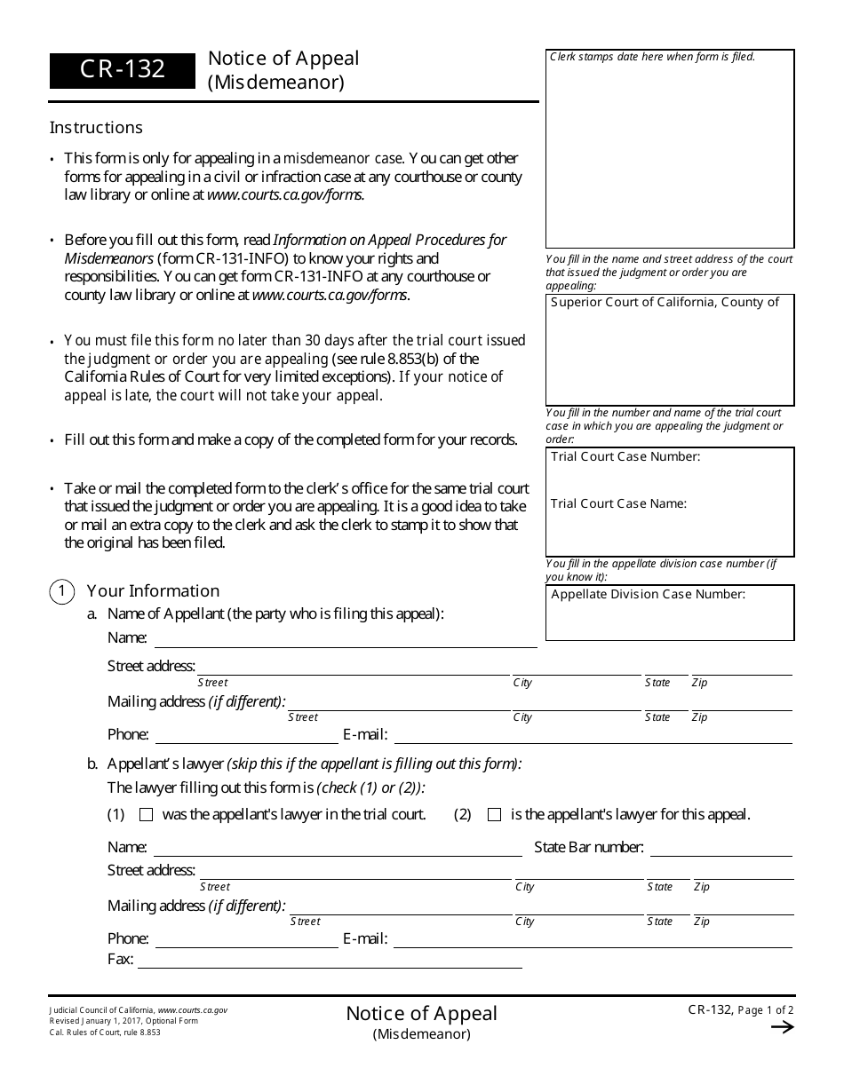 Form CR-132 Notice of Appeal (Misdemeanor) - California, Page 1