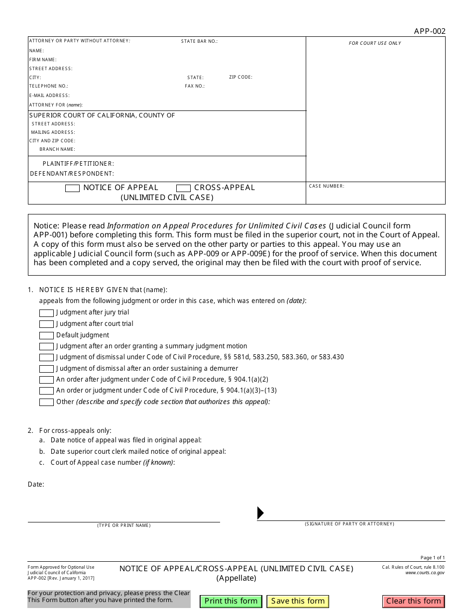 Form APP-002 Notice of Appeal / Cross-appeal (Unlimited Civil Case) - California, Page 1