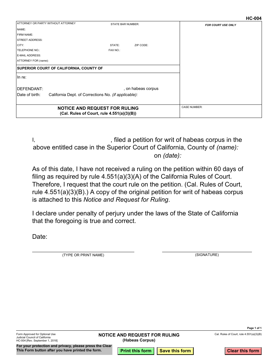 Form HC-004 Notice and Request for Ruling - California, Page 1