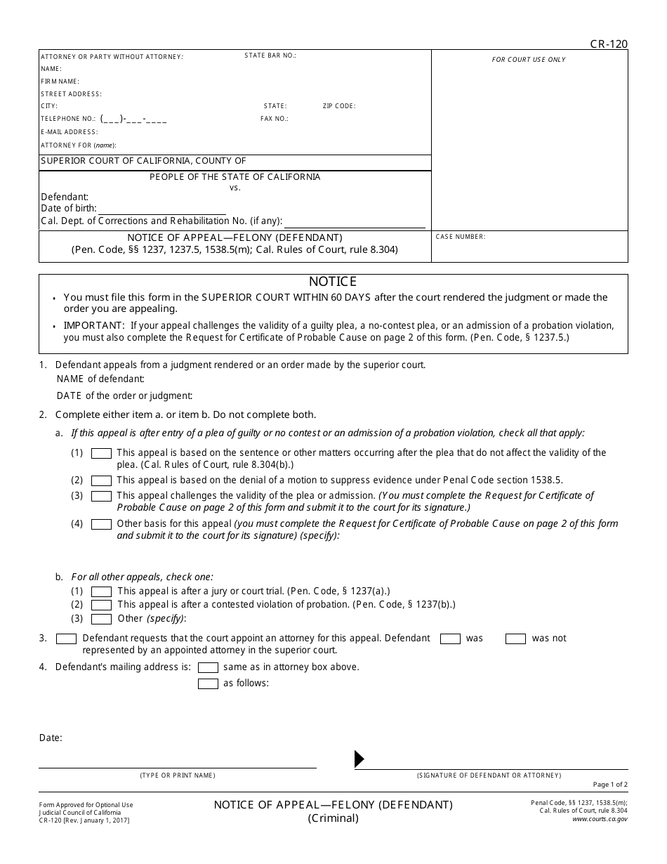 Form CR-120 Notice of Appeal - Felony (Defendant) - California, Page 1