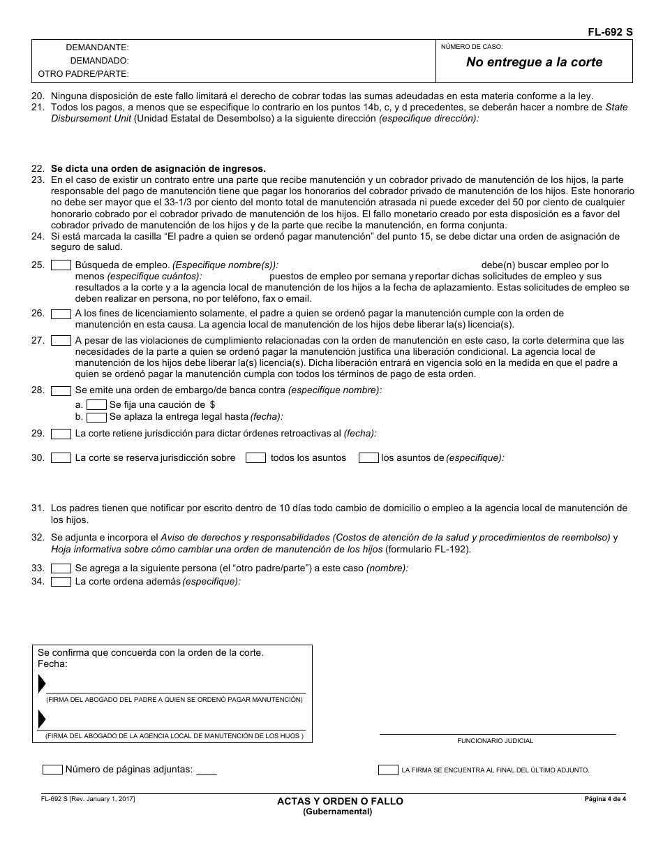 Formulario FL-692 S Actas Y Orden O Fallo - California (Spanish), Page 4