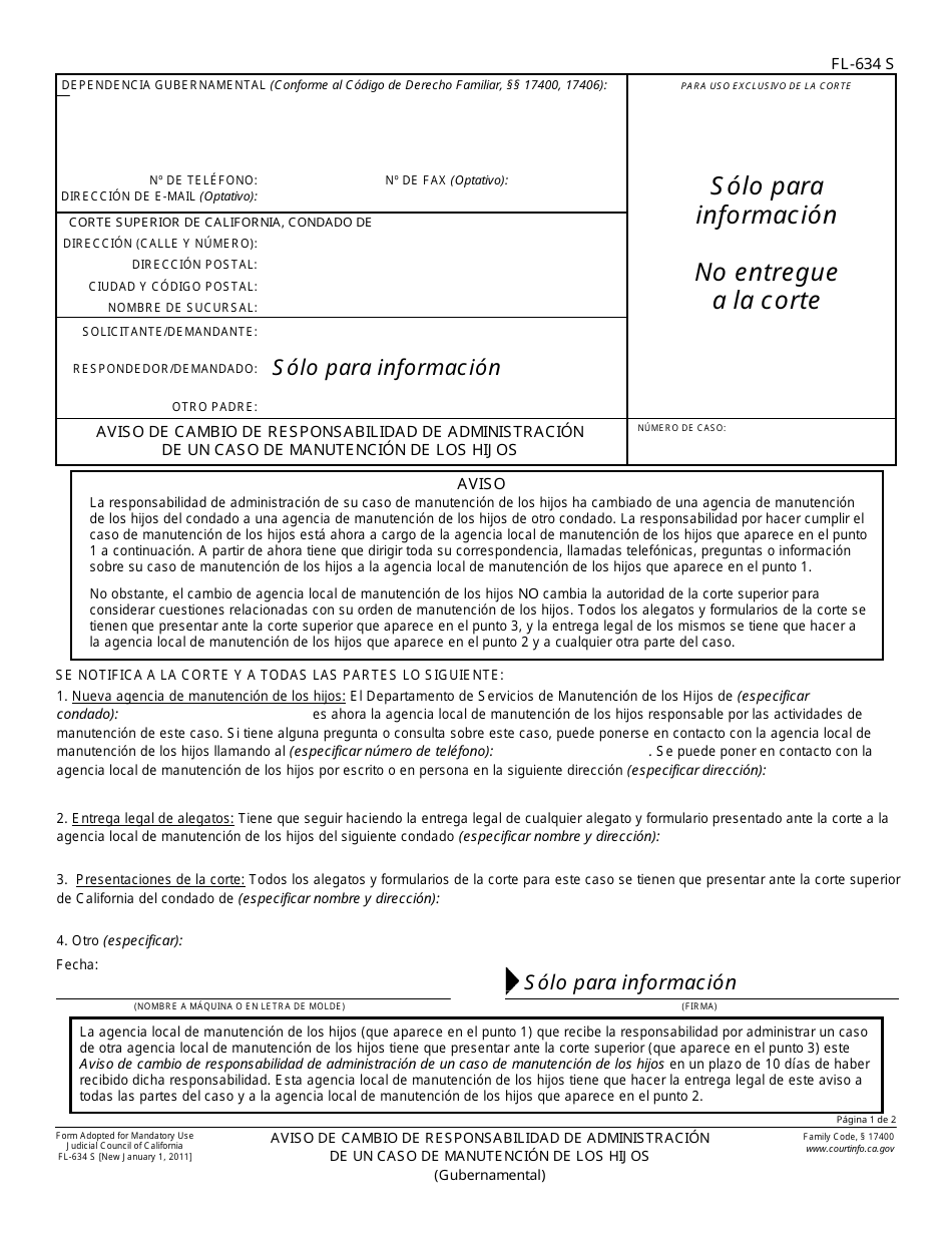Formulario FL-634 S Aviso De Cambio De Responsabilidad De Administracion De Un Caso De Manutencion De Los Hijos - California (Spanish), Page 1