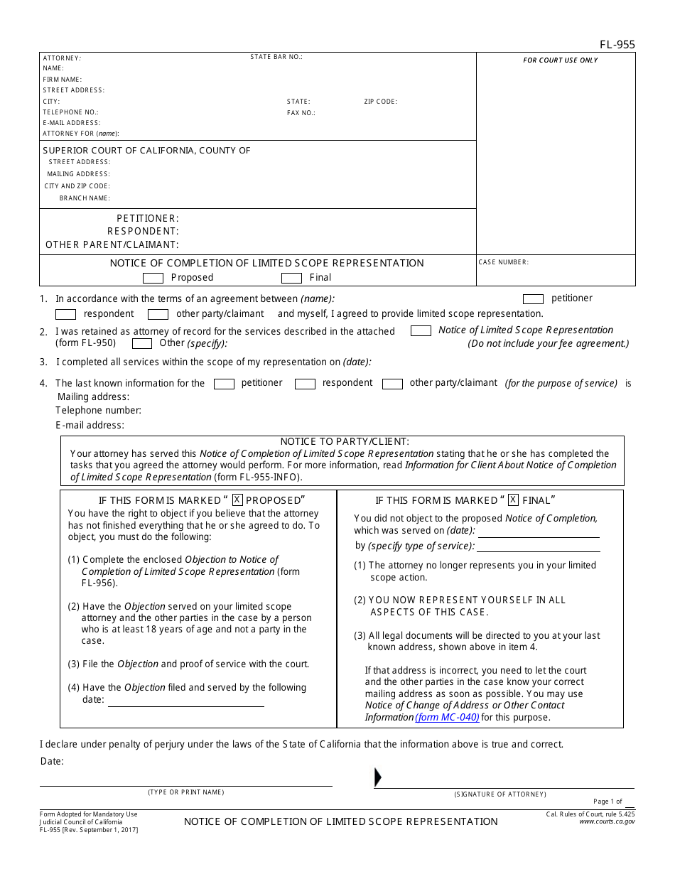 Form FL-955 Notice of Completion of Limited Scope Representation - California, Page 1