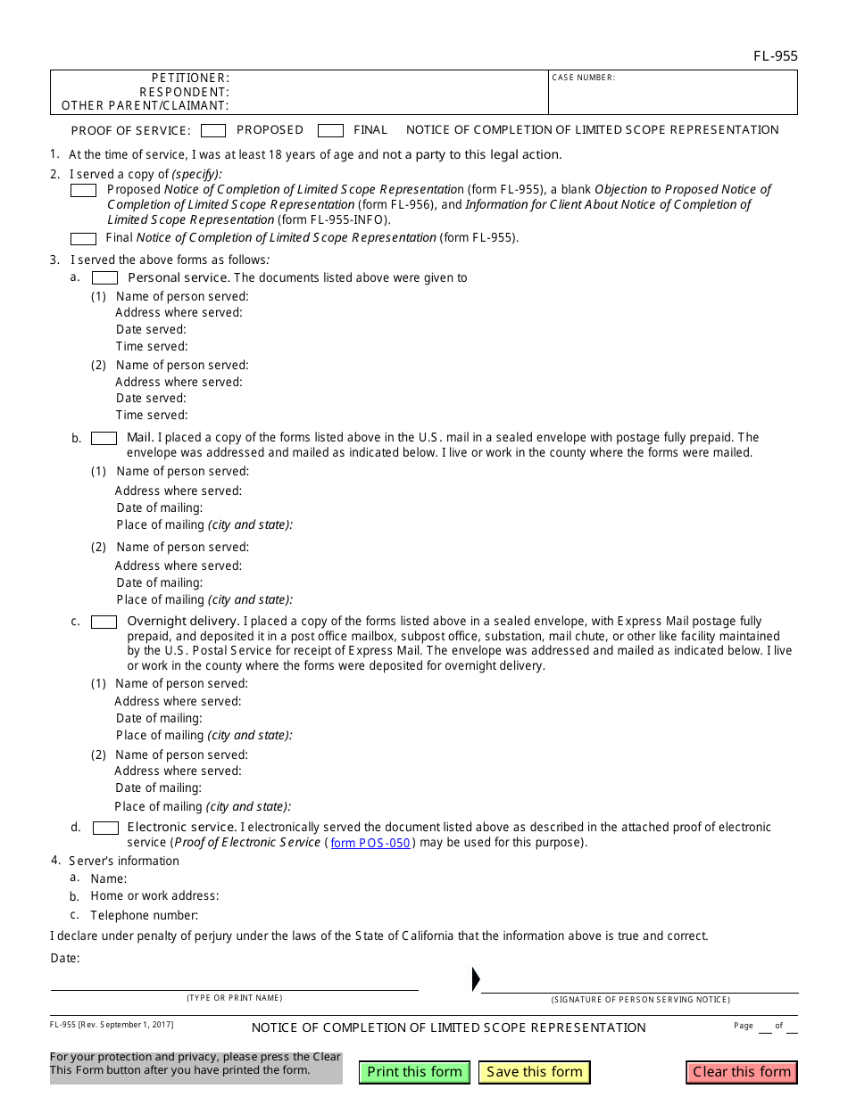 Form FL-955 Notice of Completion of Limited Scope Representation - California, Page 2