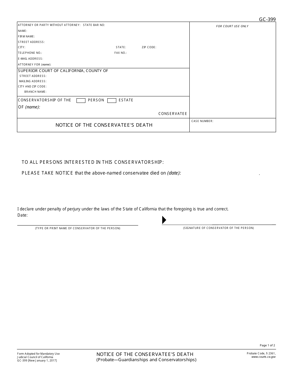Form GC-399 Notice of Conservatees Death - California, Page 1
