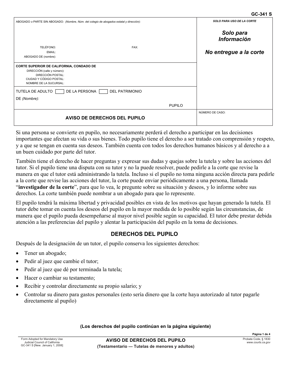 Formulario GC-341 S Aviso De Derechos Del Pupilo - California (Spanish), Page 1