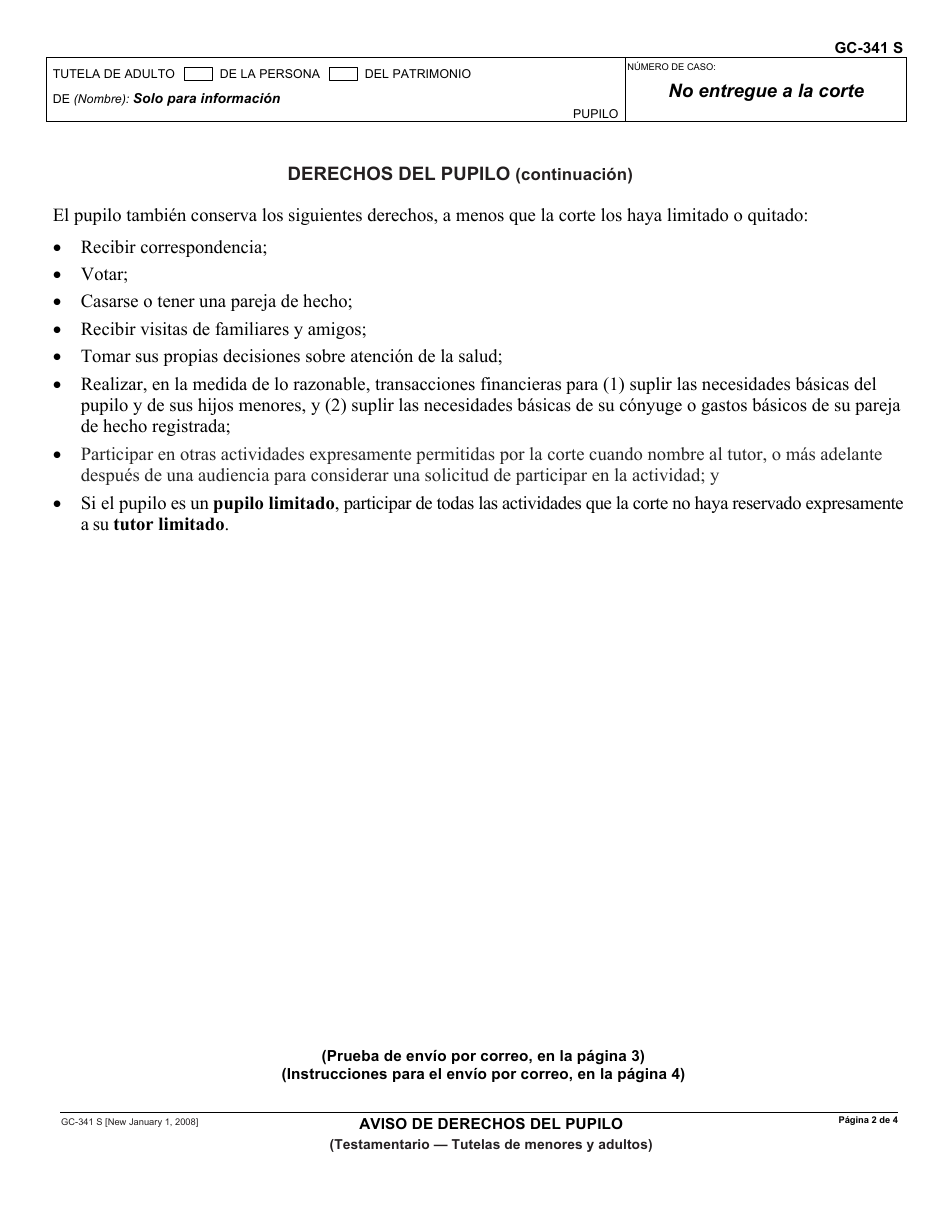 Formulario GC-341 S Aviso De Derechos Del Pupilo - California (Spanish), Page 2