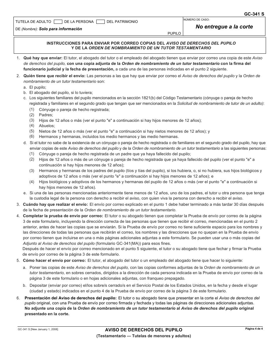 Formulario GC-341 S Aviso De Derechos Del Pupilo - California (Spanish), Page 4