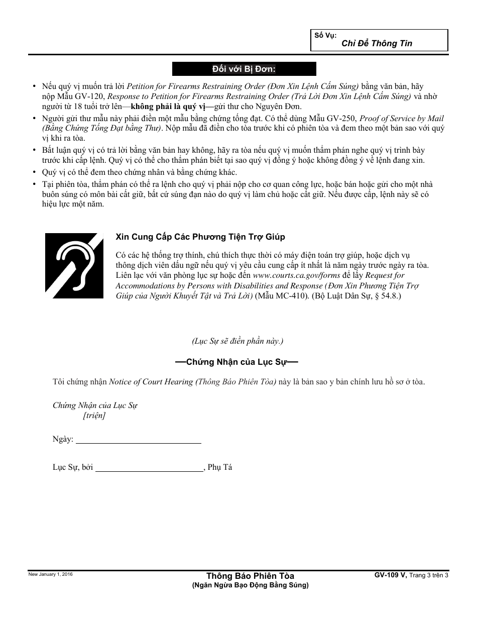 Form GV-109 V Notice of Court Hearing - California (Vietnamese), Page 3