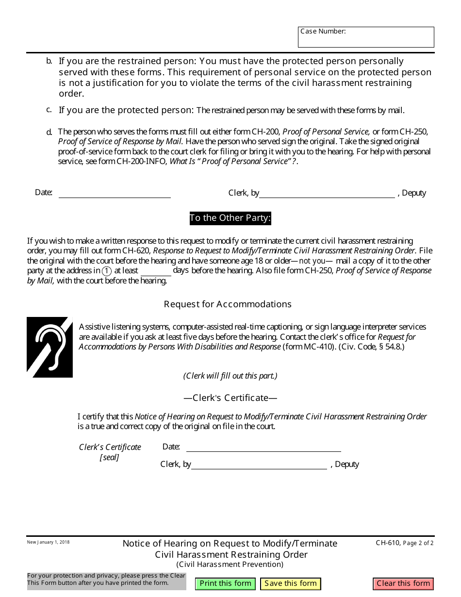 Form CH-610 Notice of Hearing on Request to Modify / Terminate Civil Harrassment Restraining Order - California, Page 2