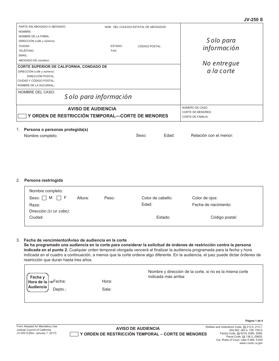 Formulario JV-250 S Aviso De Audiencia Y Orden De Restriccion Temporalcorte De Menores - California (Spanish), Page 1