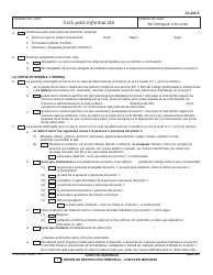 Formulario JV-250 S &quot;Aviso De Audiencia Y Orden De Restriccion Temporal-corte De Menores&quot; - California (Spanish), Page 2