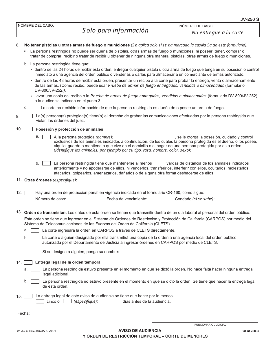 Formulario JV-250 S Aviso De Audiencia Y Orden De Restriccion Temporalcorte De Menores - California (Spanish), Page 3