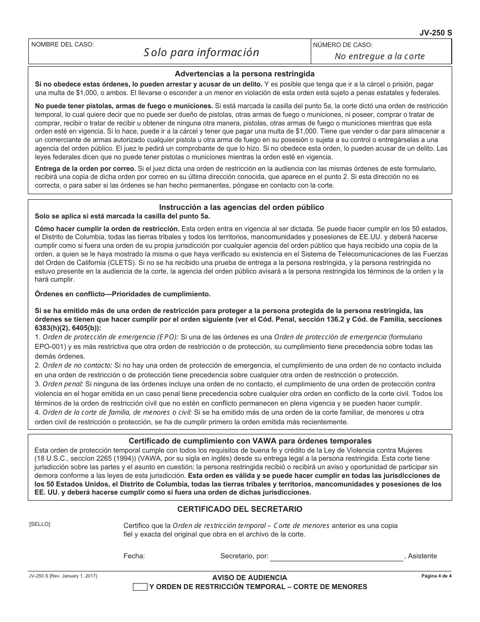 Formulario JV-250 S Aviso De Audiencia Y Orden De Restriccion Temporalcorte De Menores - California (Spanish), Page 4