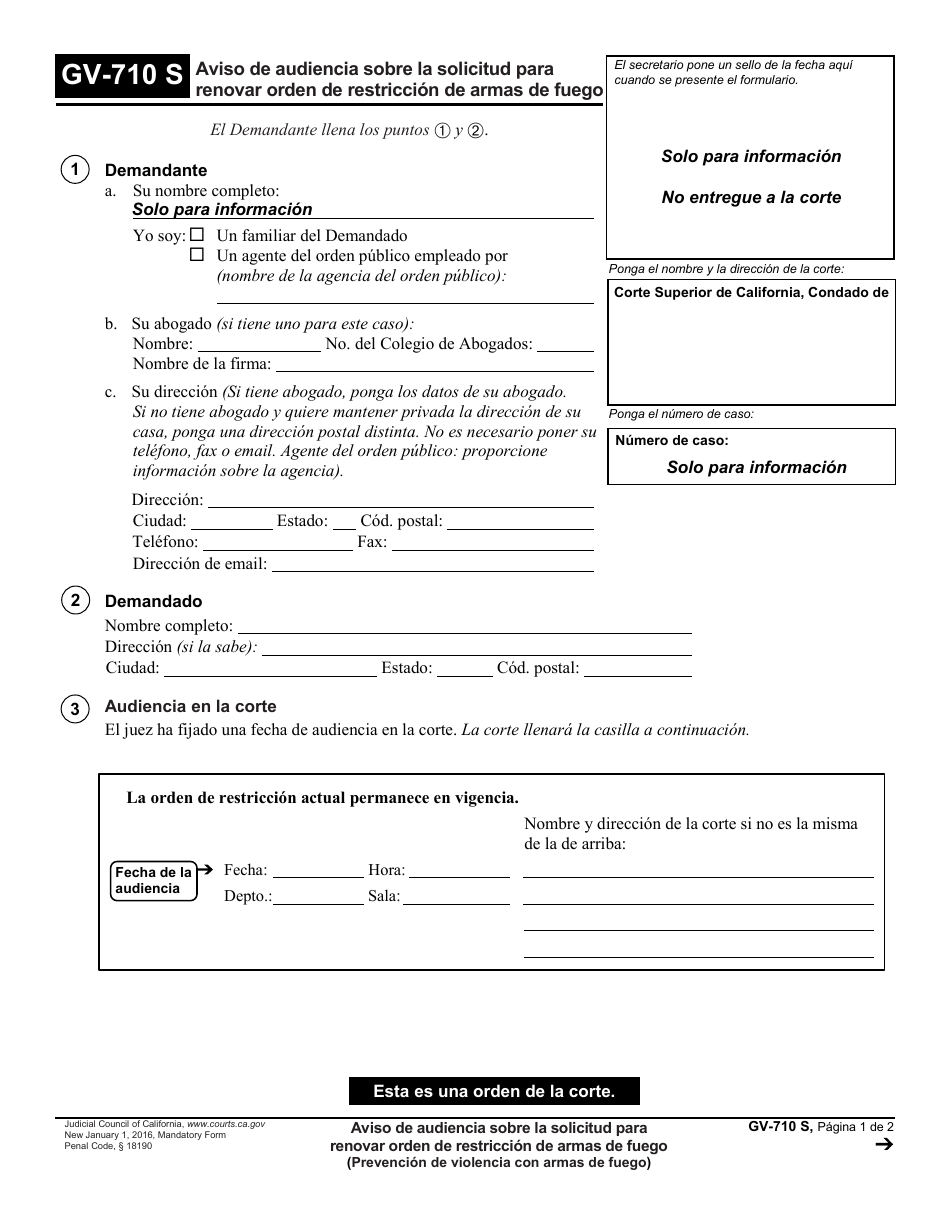 Formulario GV-710 S Aviso De Audiencia Sobre La Solicitud Para Renovar Orden De Restriccion De Armas De Fuego - California (Spanish), Page 1