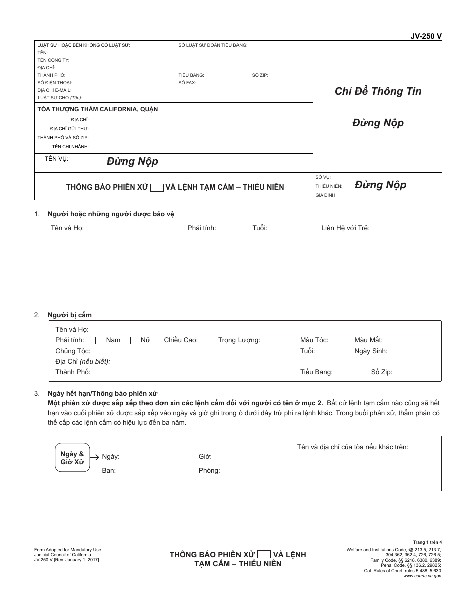 Form JV-250 V Notice of Hearing and Temporary Restraining Order - Juvenile - California (Vietnamese), Page 1