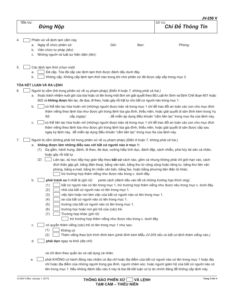 Form JV-250 V Notice of Hearing and Temporary Restraining Order - Juvenile - California (Vietnamese), Page 2
