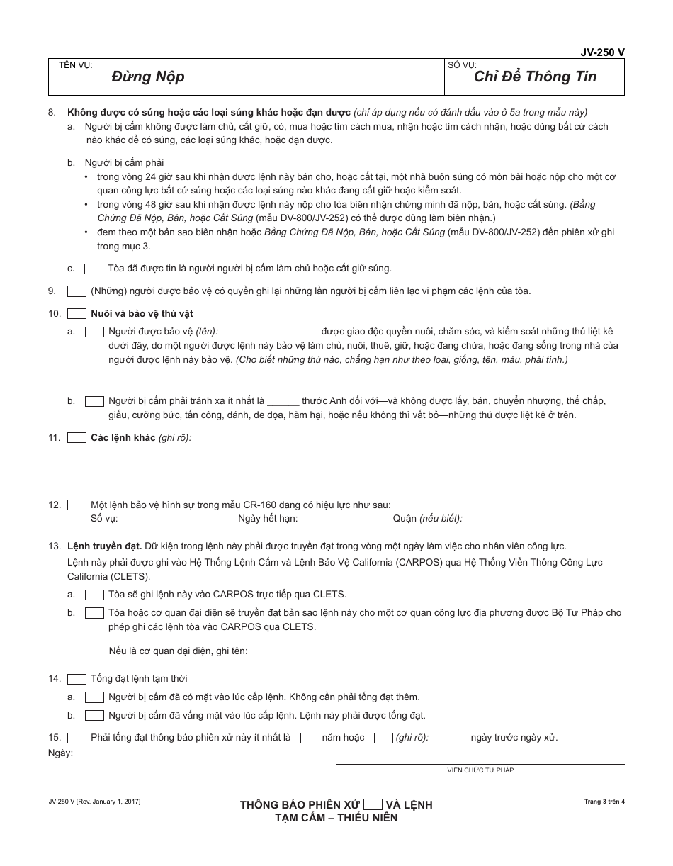Form JV-250 V Notice of Hearing and Temporary Restraining Order - Juvenile - California (Vietnamese), Page 3