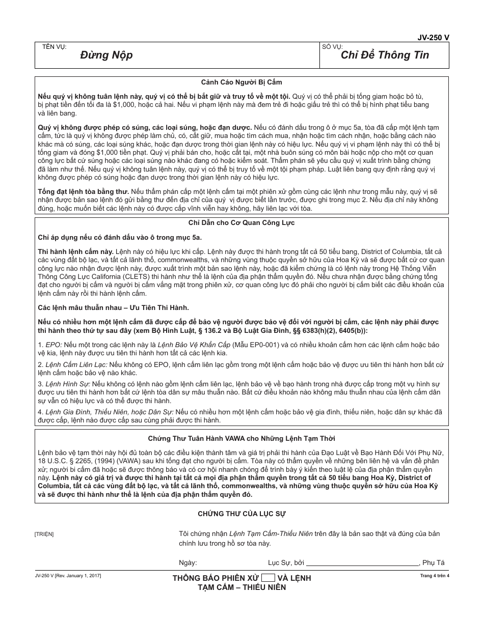 Form JV-250 V Notice of Hearing and Temporary Restraining Order - Juvenile - California (Vietnamese), Page 4