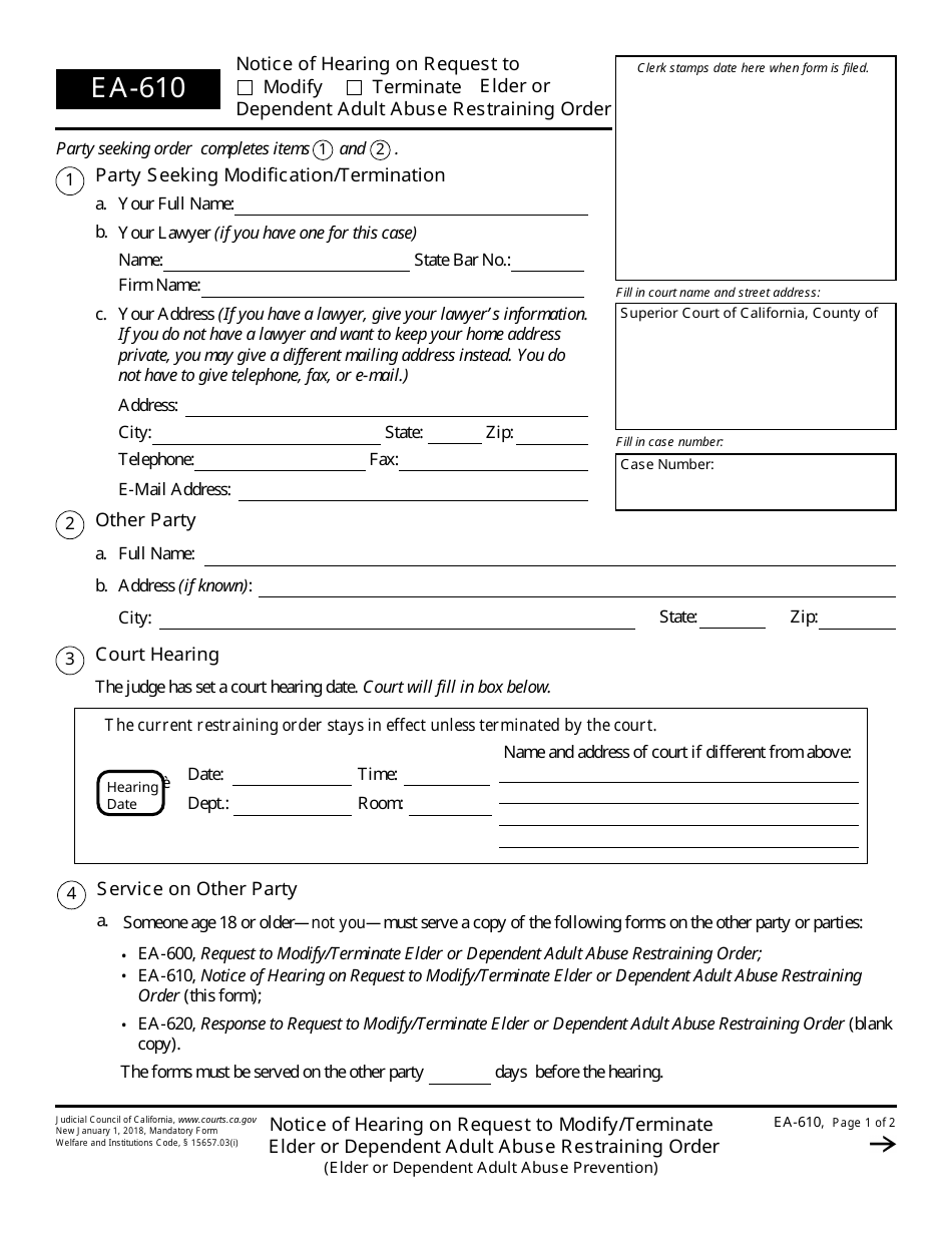Form EA-610 Notice of Hearing to Modify / Terminate Elder or Dependent Adult Abuse Restraining Order - California, Page 1