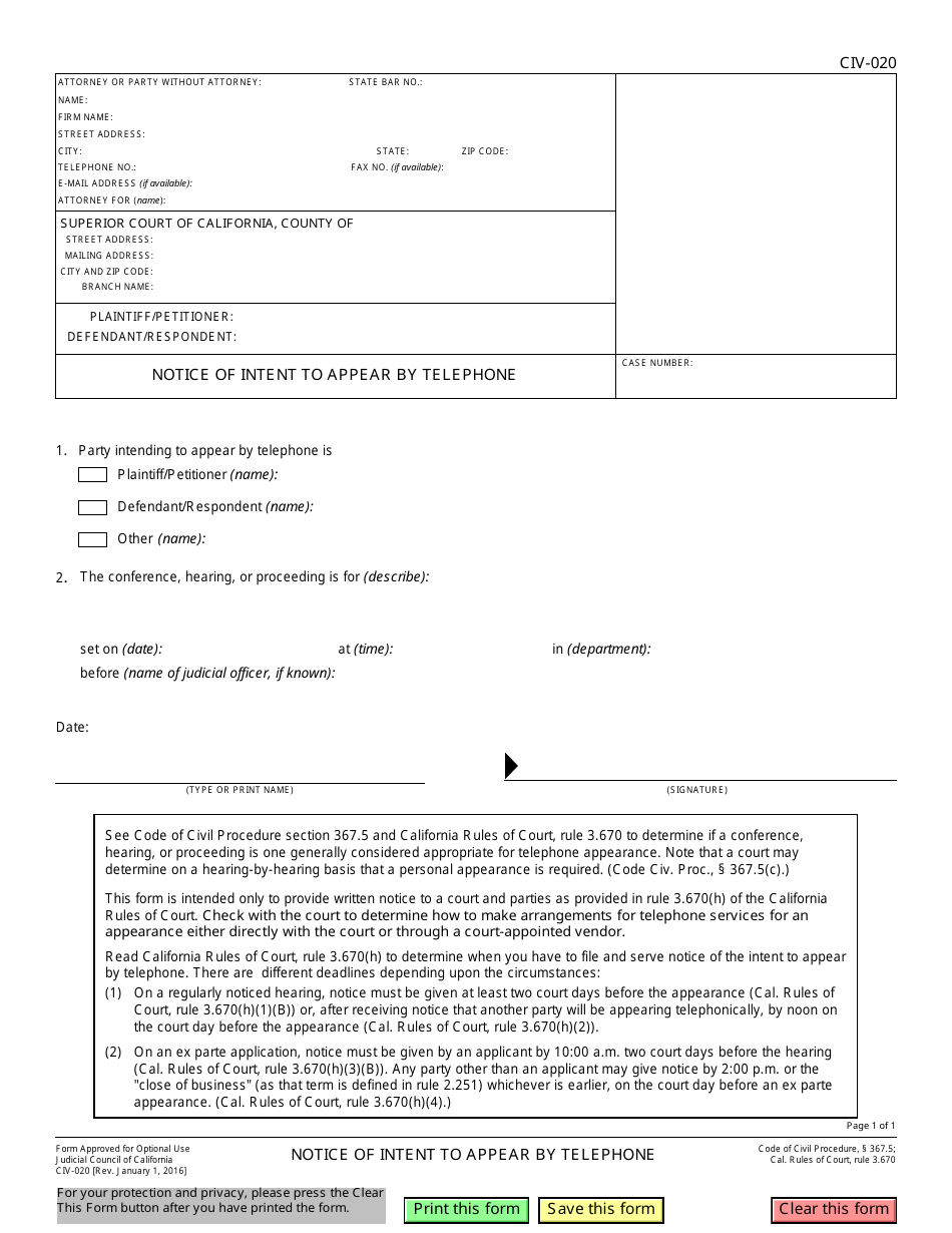 Form CIV-020 Notice of Intent to Appear by Telephone - California, Page 1