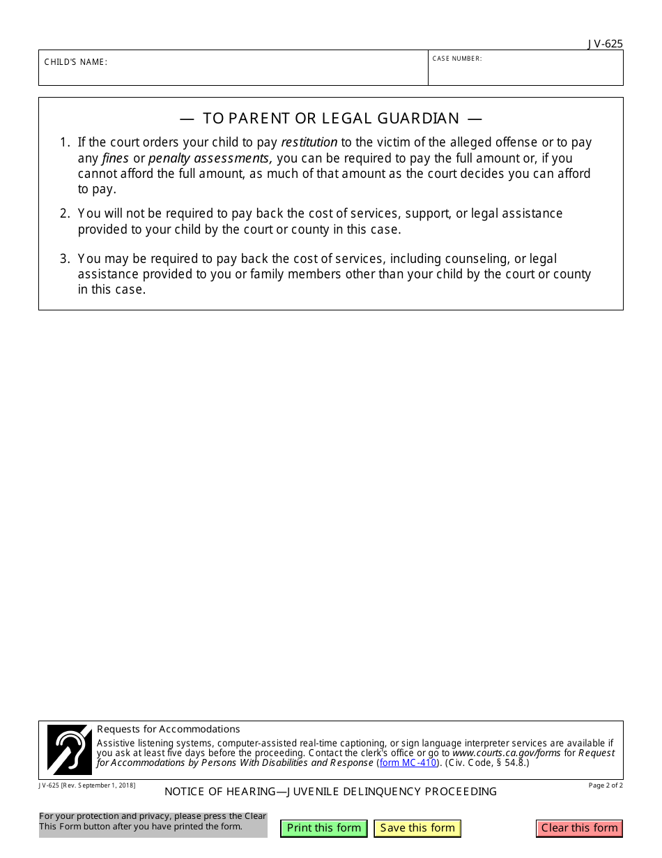 Form JV-625 Notice of Hearing  Juvenile Delinquency Proceeding - California, Page 2