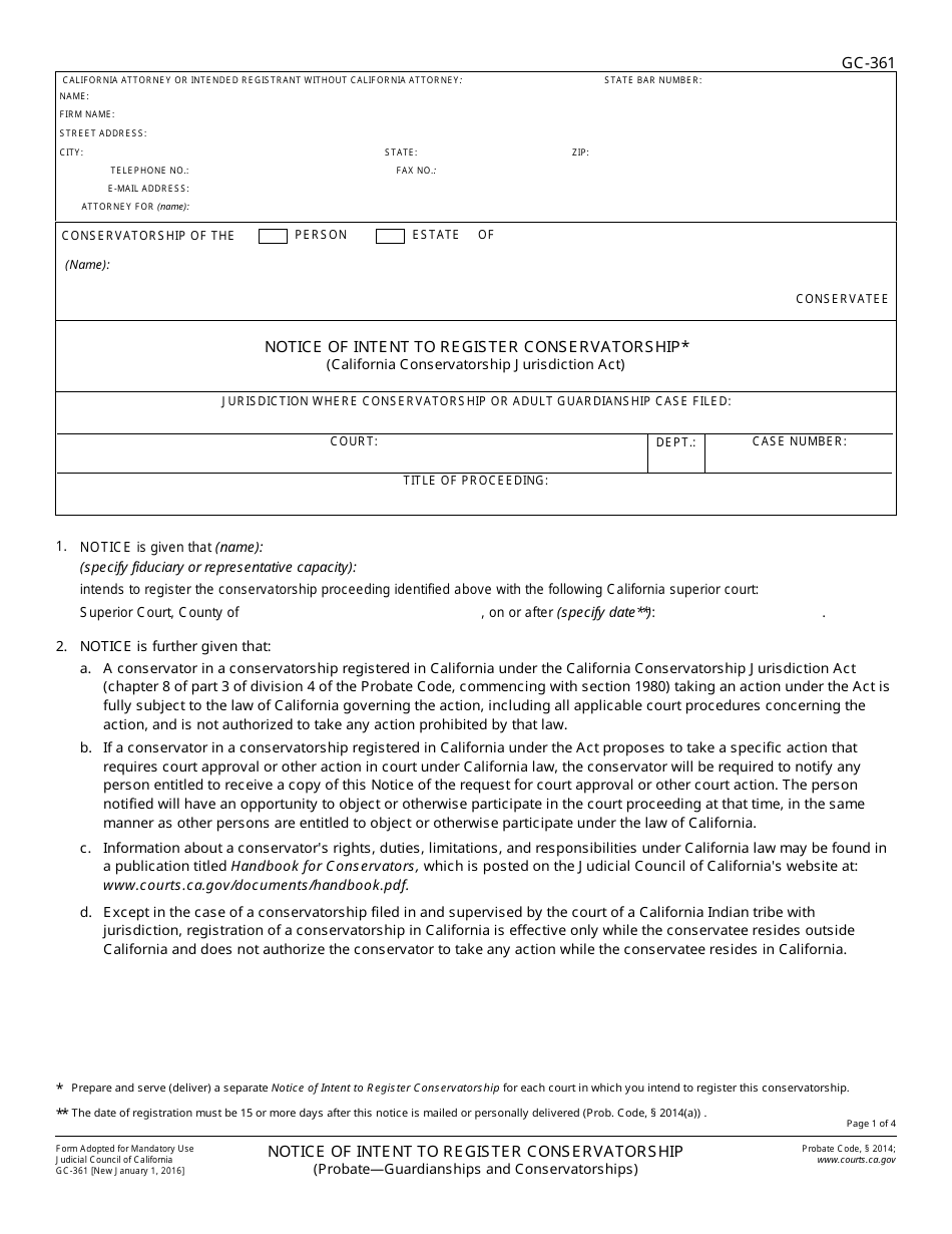 Form GC-361 Notice of Intent to Register Conservatorship - California, Page 1