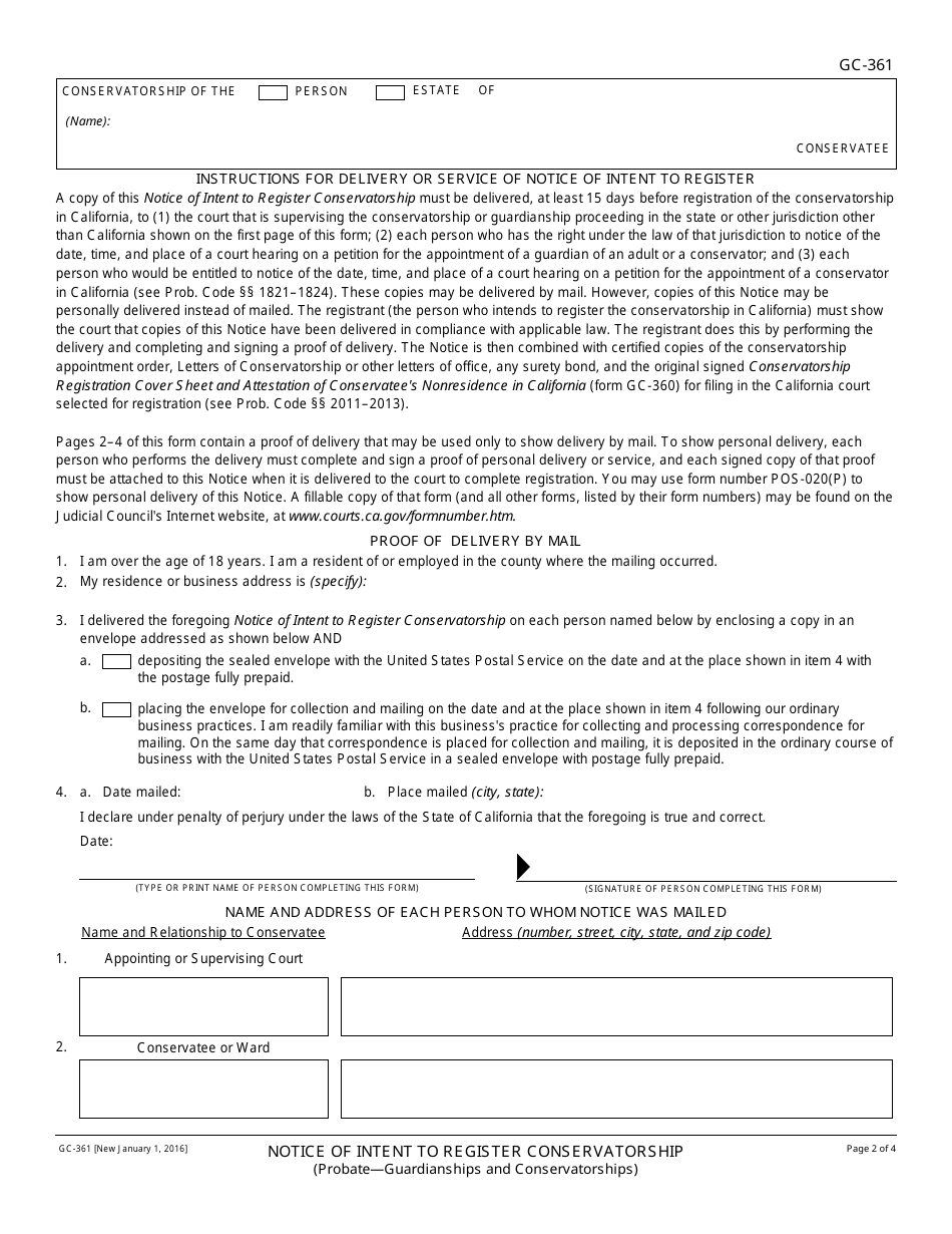 Form GC-361 Notice of Intent to Register Conservatorship - California, Page 2