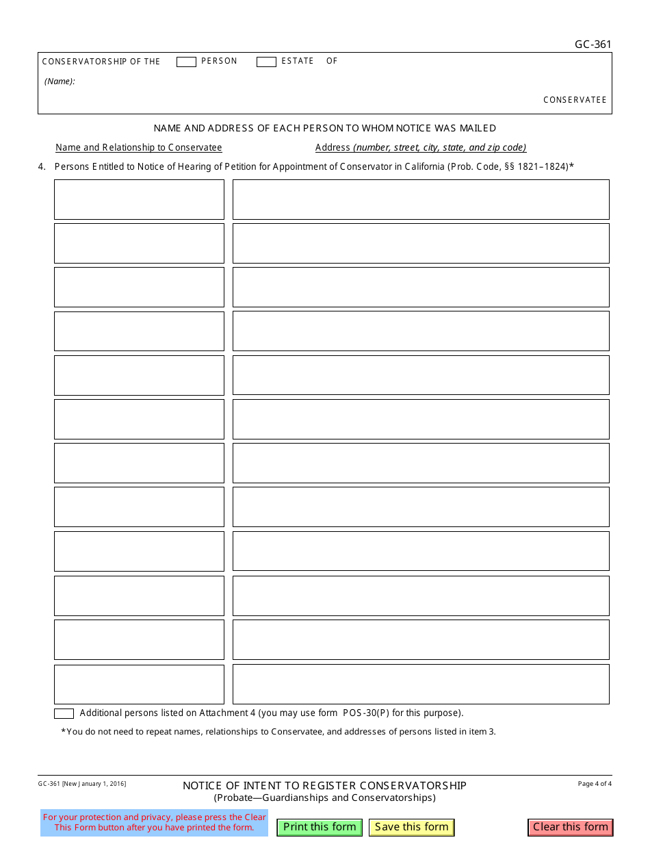 Form GC-361 Notice of Intent to Register Conservatorship - California, Page 4