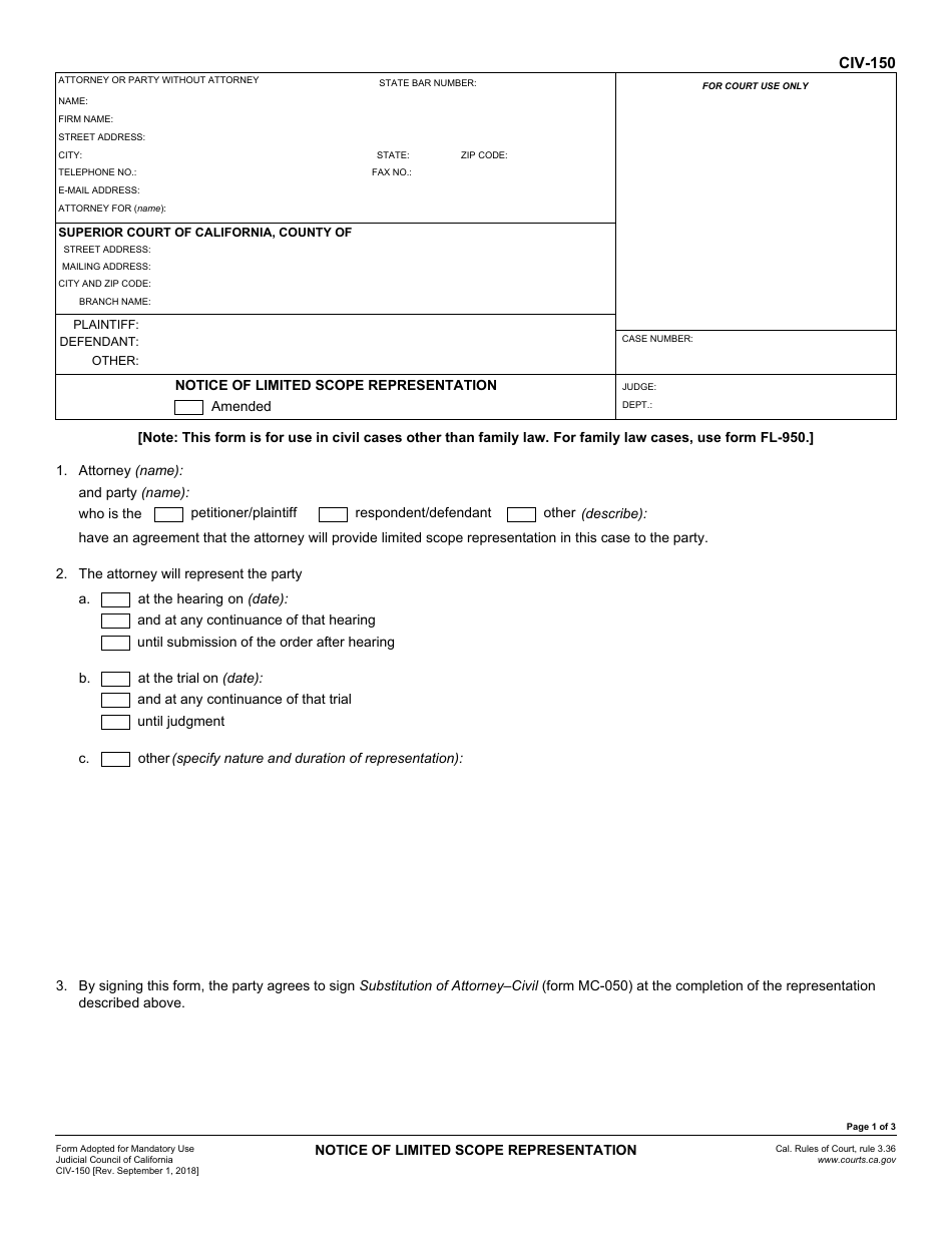 Form CIV-150 Notice of Limited Scope Representation - California, Page 1