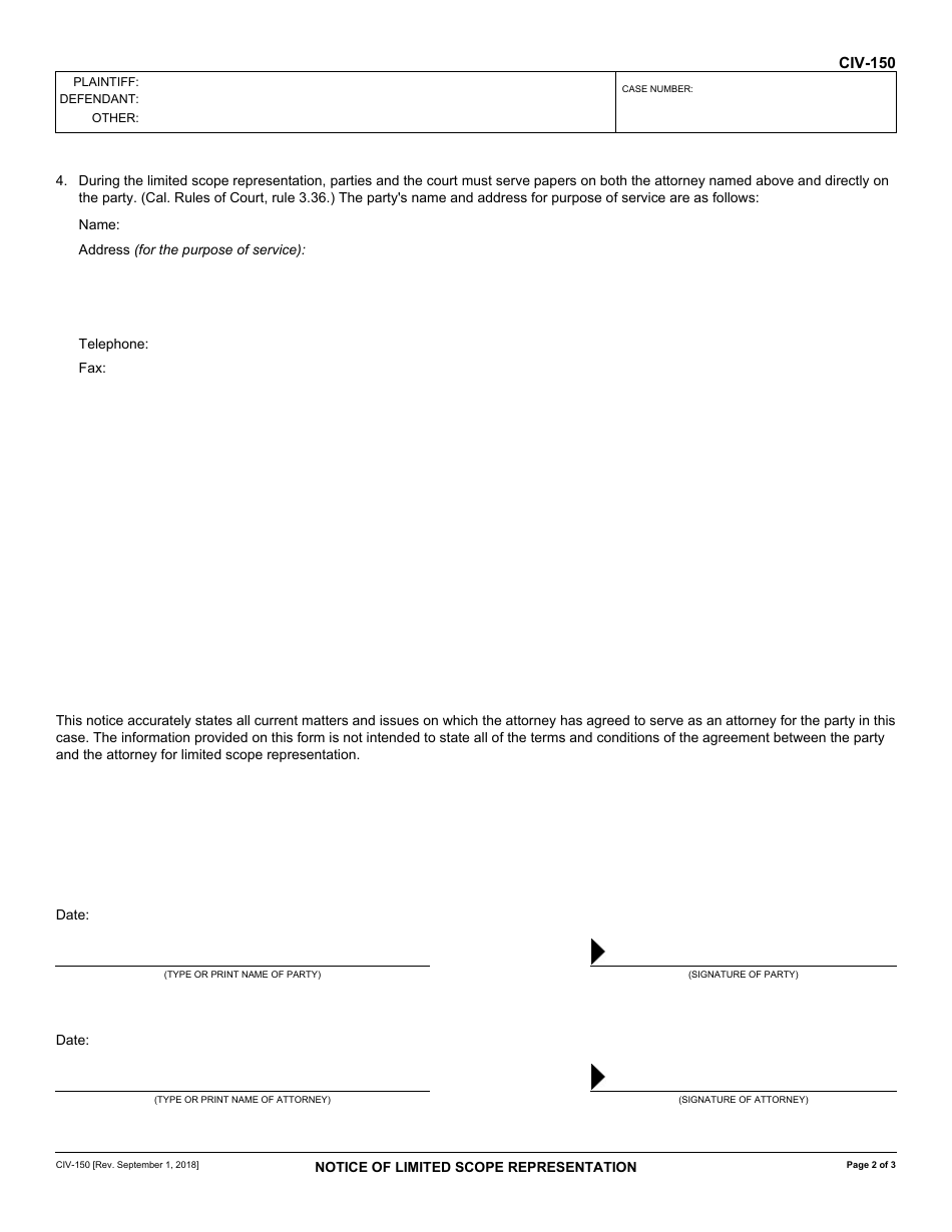 Form CIV-150 Notice of Limited Scope Representation - California, Page 2