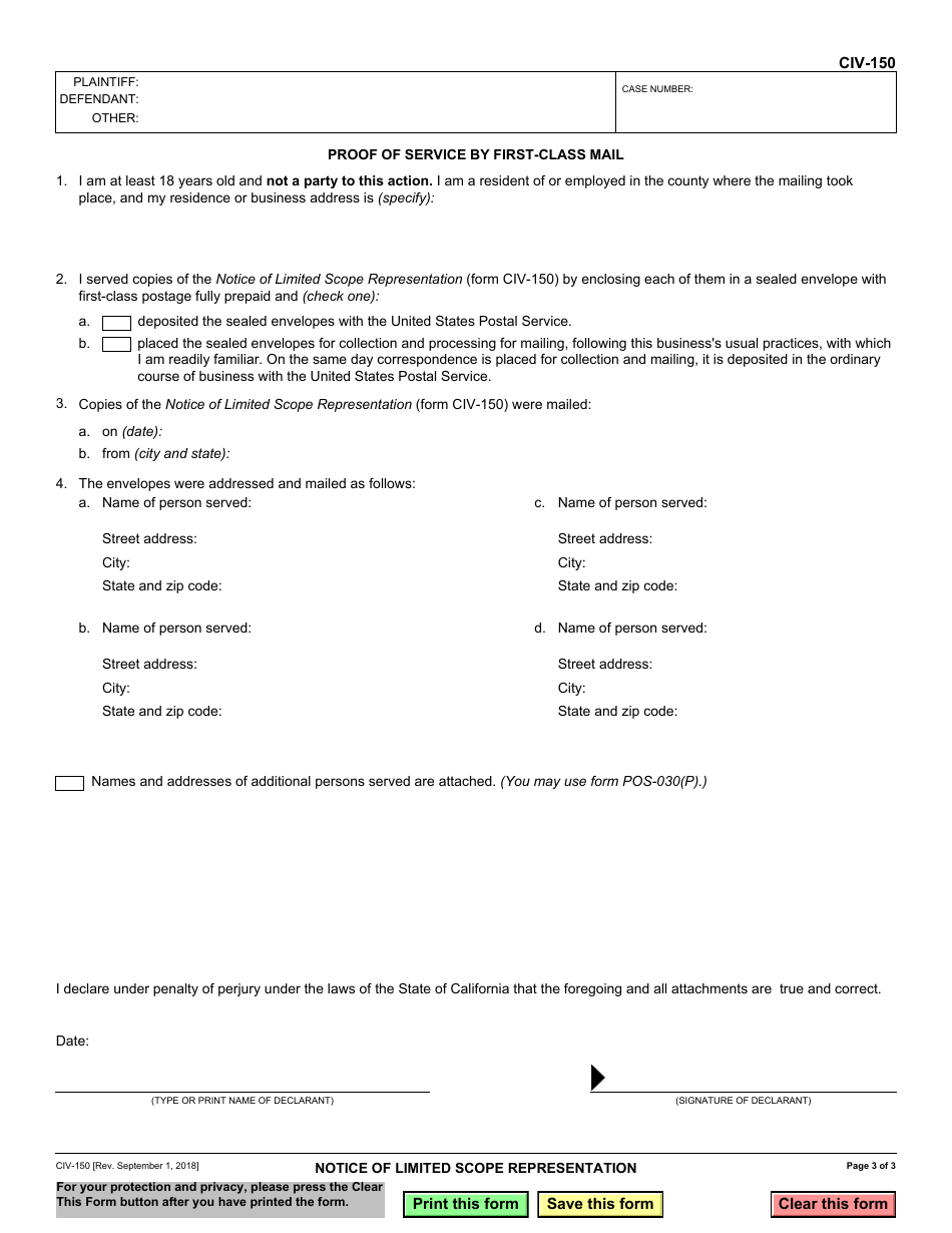 Form CIV-150 Notice of Limited Scope Representation - California, Page 3