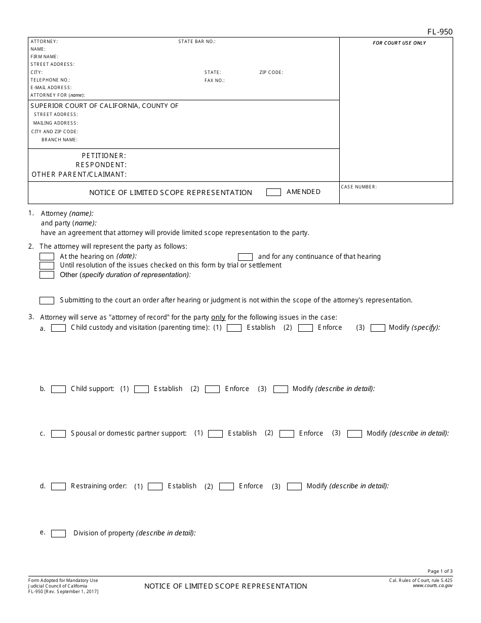 Form FL-950 Notice of Limited Scope Representation - California, Page 1