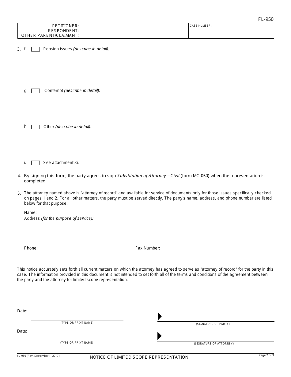 Form FL-950 Notice of Limited Scope Representation - California, Page 2