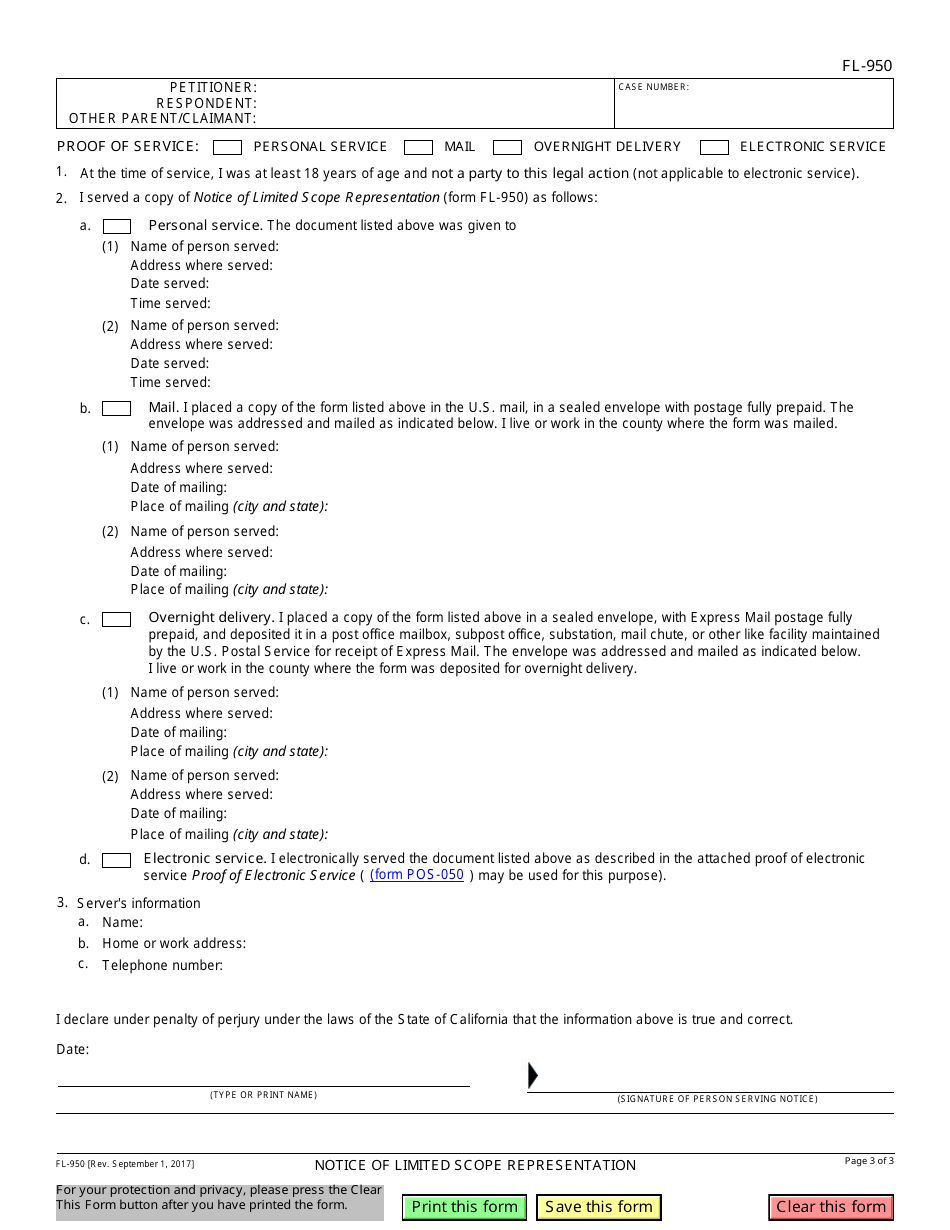 Form FL-950 Notice of Limited Scope Representation - California, Page 3