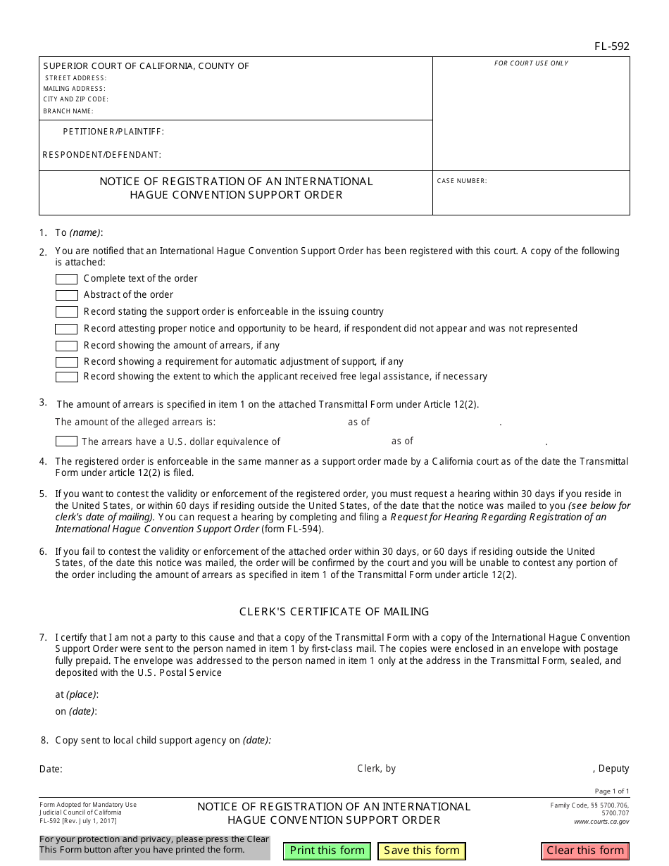 Form FL-592 Notice of Registration of an International Hague Convention Support Order - California, Page 1
