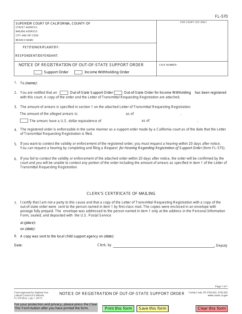 Form FL-570 Notice of Registration of Out-of-State Support Order - California, Page 1