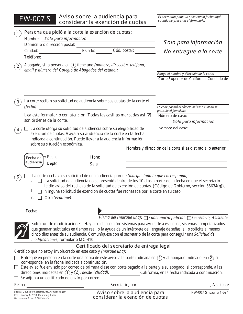 Formulario FW-007 S Aviso Sobre La Audiencia Para Considerar La Exencion De Cuotas - California (Spanish), Page 1