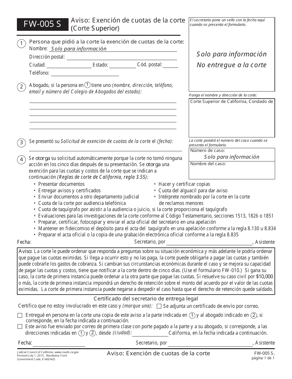 Formulario FW-005 S Aviso: Exencion De Cuotas De La Corte (Corte Superior) - California (Spanish), Page 1