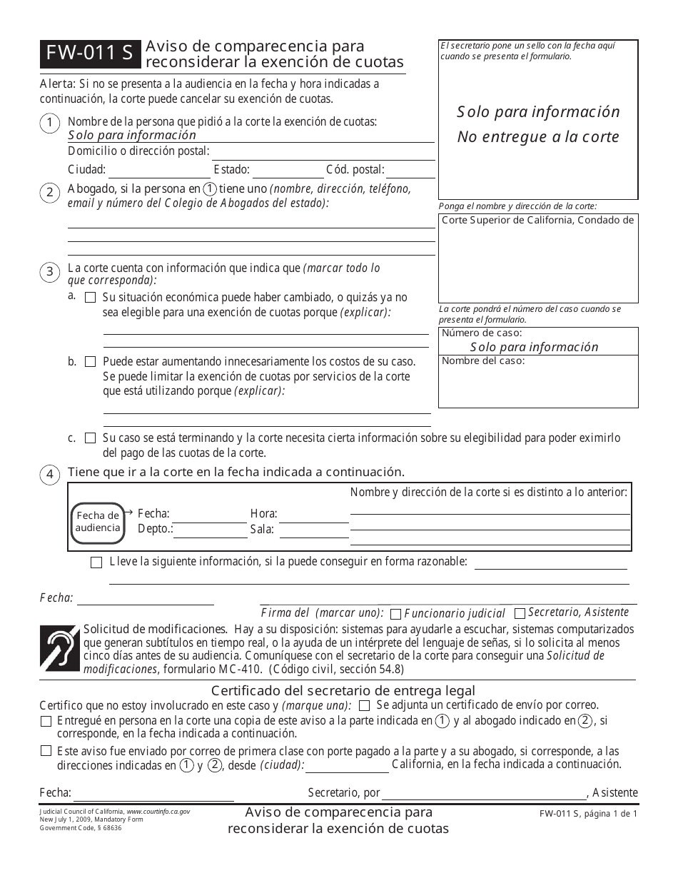 Formulario FW-011 S Aviso De Comparecencia Para Reconsiderar La Exencion De Cuotas - California (Spanish), Page 1