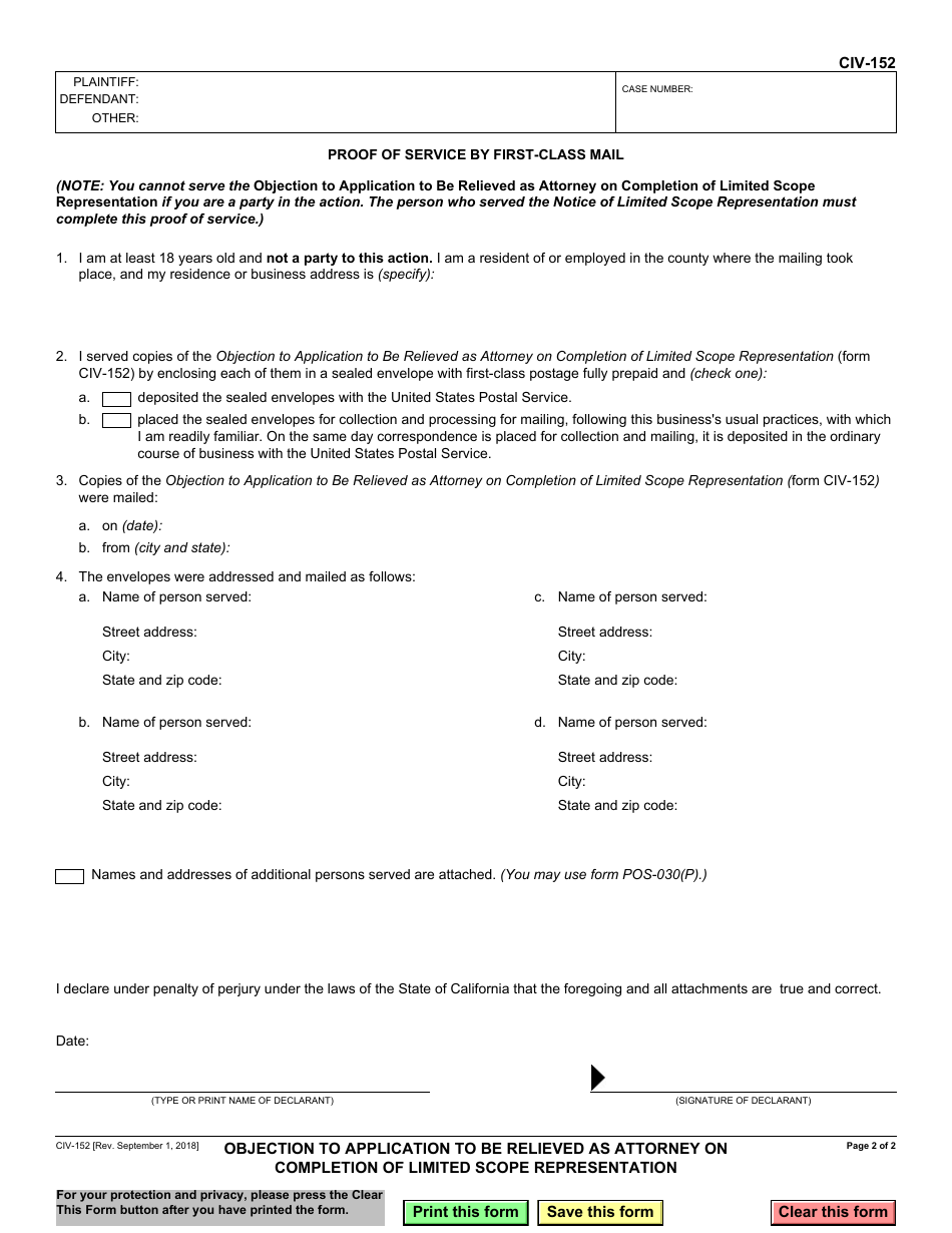 Form CIV-152 Objection to Application to Be Relieved as Attorney on Completion of Limited Scope Representation - California, Page 2