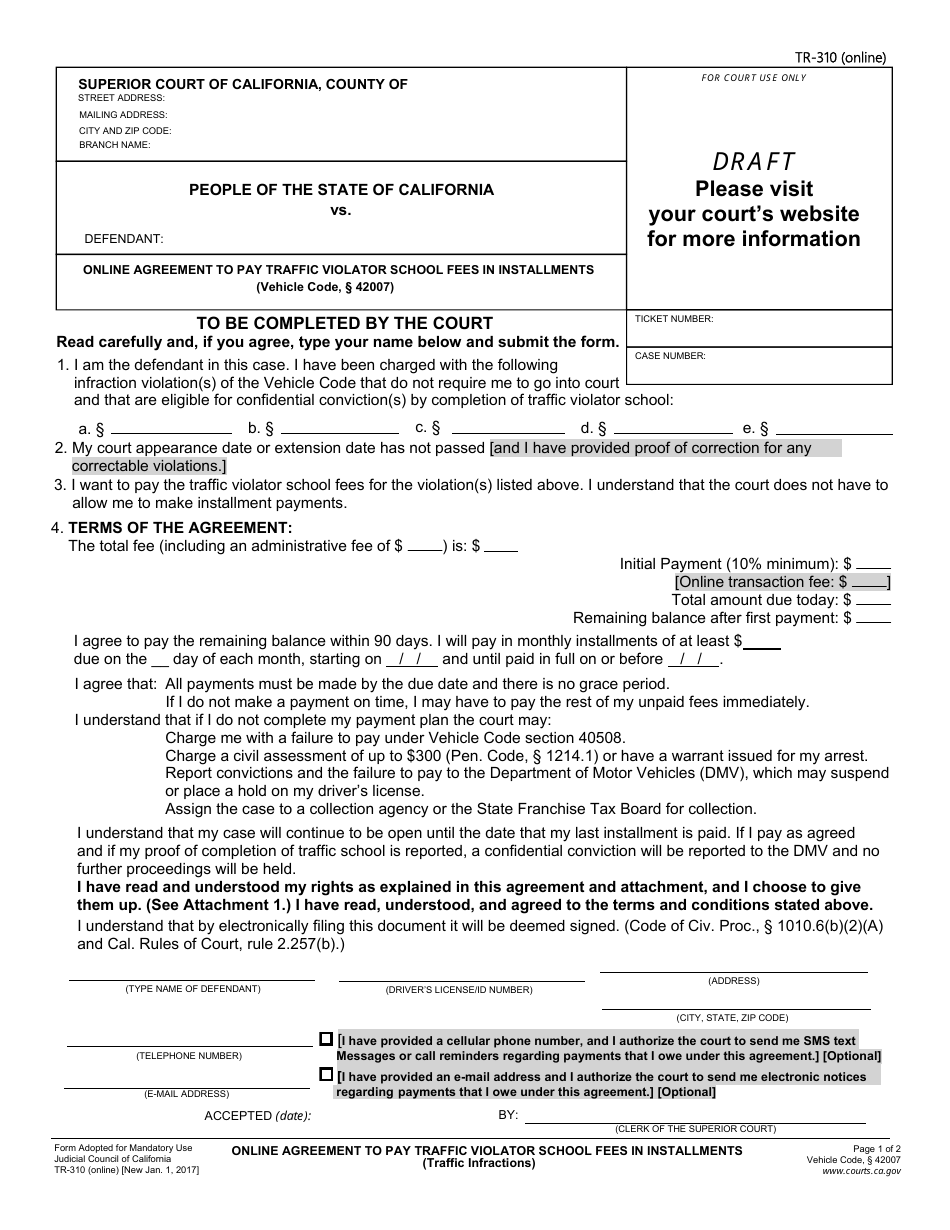 Form TR-310 (ONLINE) Online Agreement to Pay Traffic Violator School Fees in Installments - California, Page 1