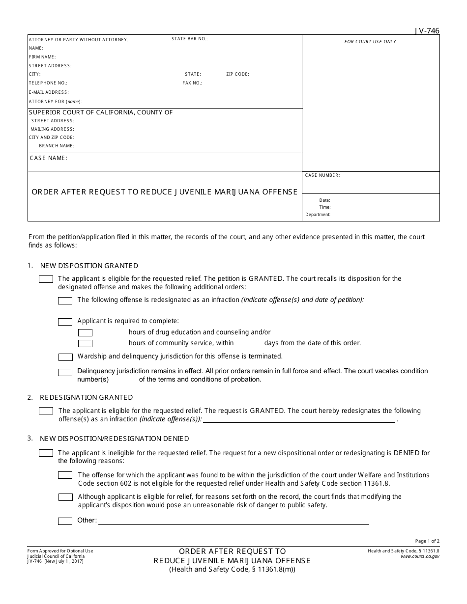 Form JV-746 Order After Request to Reduce Juvenile Marijuana Offense - California, Page 1