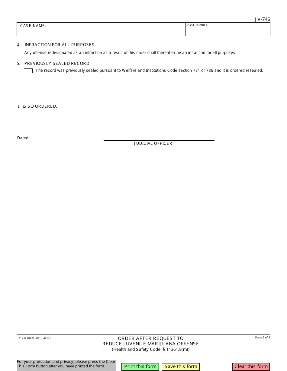 Form JV-746 Order After Request to Reduce Juvenile Marijuana Offense - California, Page 2